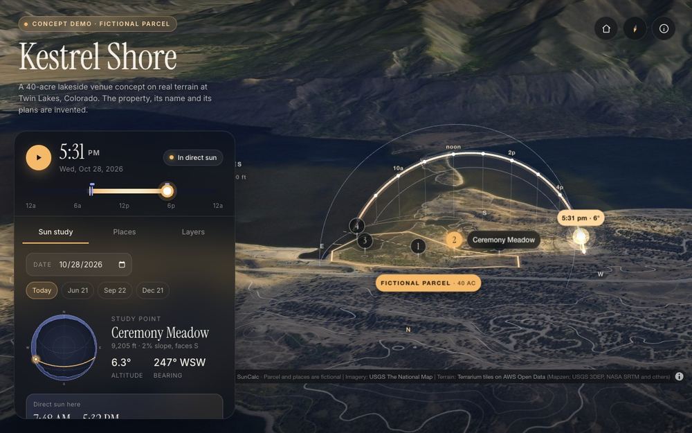 Kestrel Shore: a 3D map of a lakeside parcel in the Colorado mountains with a glowing sun path