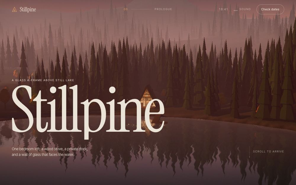 Stillpine: a scroll-told website for a cabin retreat with a 3D lake valley at dusk