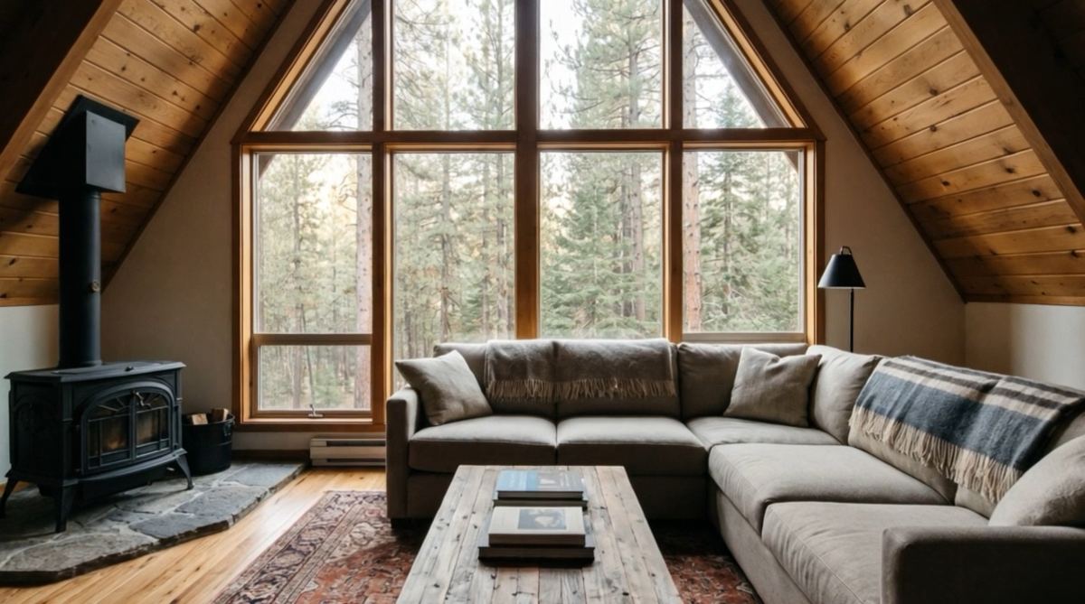 Living room with a wood stove, a gray sectional and a tall window onto the pines