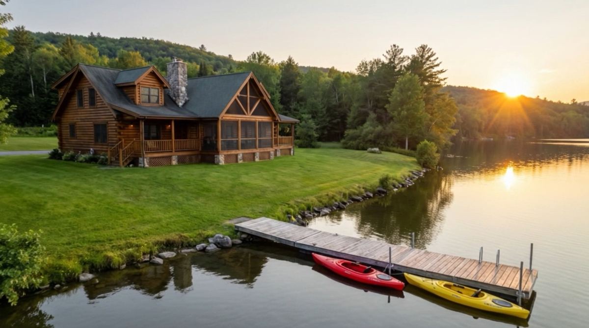 A log lake house on a lawn running down to a dock with two kayaks at sunset