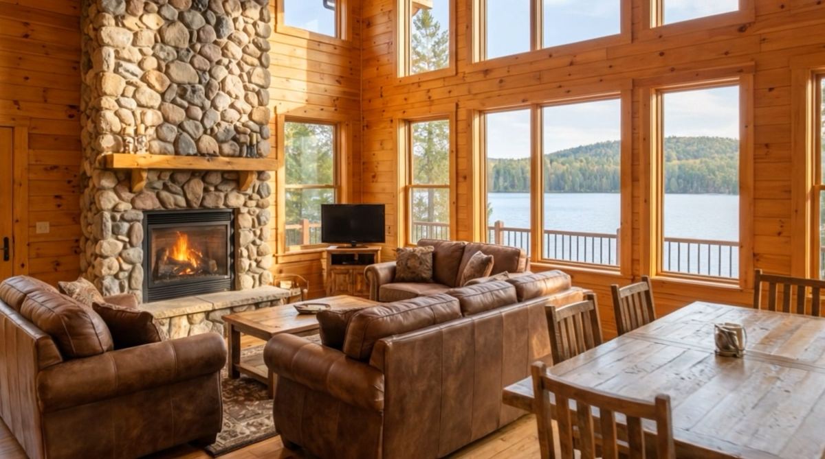 The Lake House great room: stone fireplace, leather sofas and tall windows over the lake
